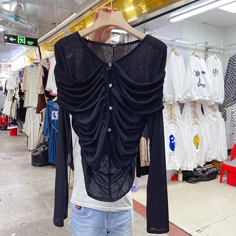 

WDMSNA Spring 2023 New Slim V-neck T Shirt Women Long Sleeve Pleated Elastic Tees Bottoming Top Solid Color T-shirts for Women