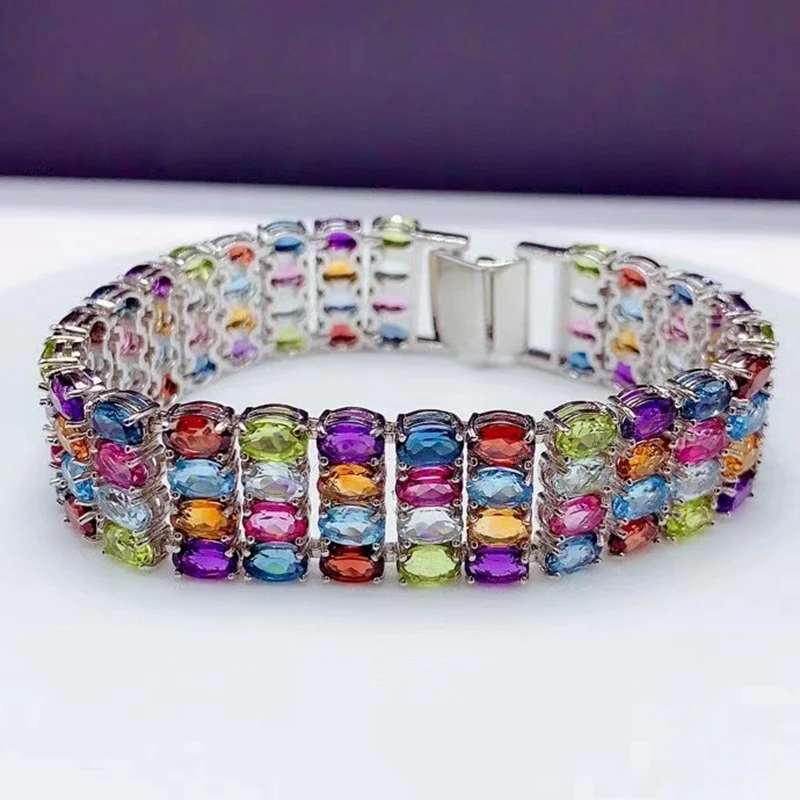 

MDINA Luxury Colored Gemstones Natural Garnet Topaz Amethyst Bracelet Women's Jewelry Genuine 925 Silver Birthstone