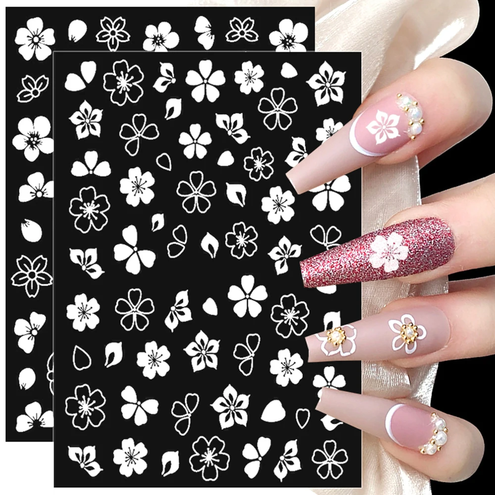 

3D Cherry Blossoms White Flower Nail Stickers Sakura Leaves Nail Decals Self Adhesive Slider Nail Designs Nail Art Decorations