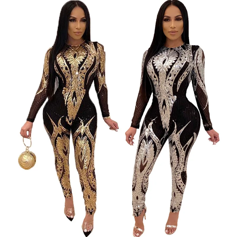 Sexy Gold Sequin Jumpsuit Women Bodycon Overalls Glitter Bandage Jumpsuit Elegant Party Club Rompers Womens Jumpsuit Fashion