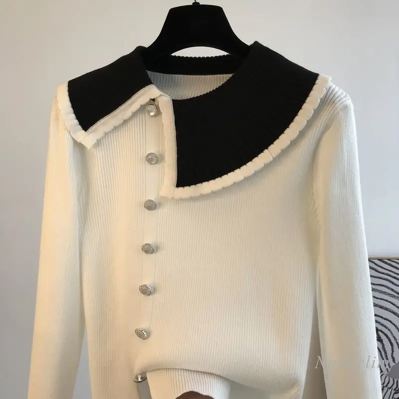 

Korean Style Pullovers Woman Doll Collar Long Sleeve Color Matching Knitwear for Lady Spring 2022 New Sweet Elegance Tshirt