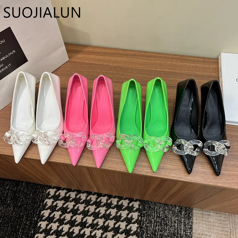 

SUOJIALUN Spring New Brand Women Pumps Shoes Fashion Transparent Buckle Women Dress Party Shoes Shallow Slip On Pointed Toe Muje