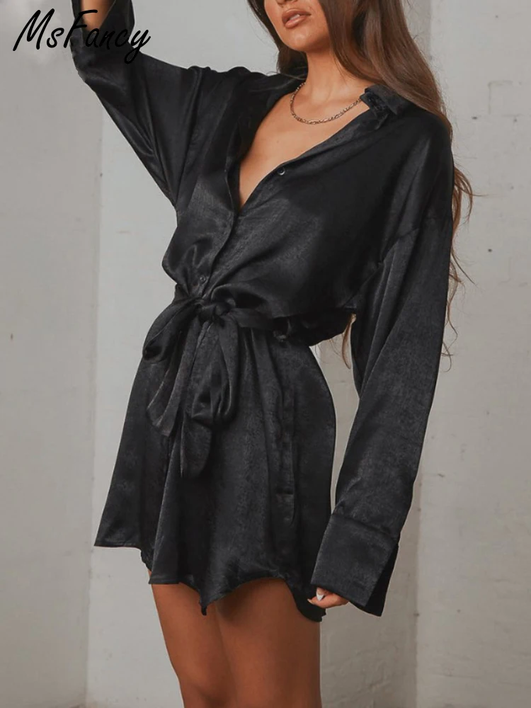 Черное платье-рубашка Msfancy женские атласные платья 2022 с длинным рукавом и
