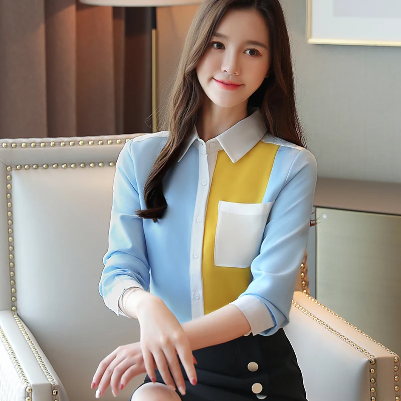

Chiffon Women's Blouses Loose Polo Girl's Shirt Summer Long Sleeve Top Casual Splicing Female Clothing Houthion