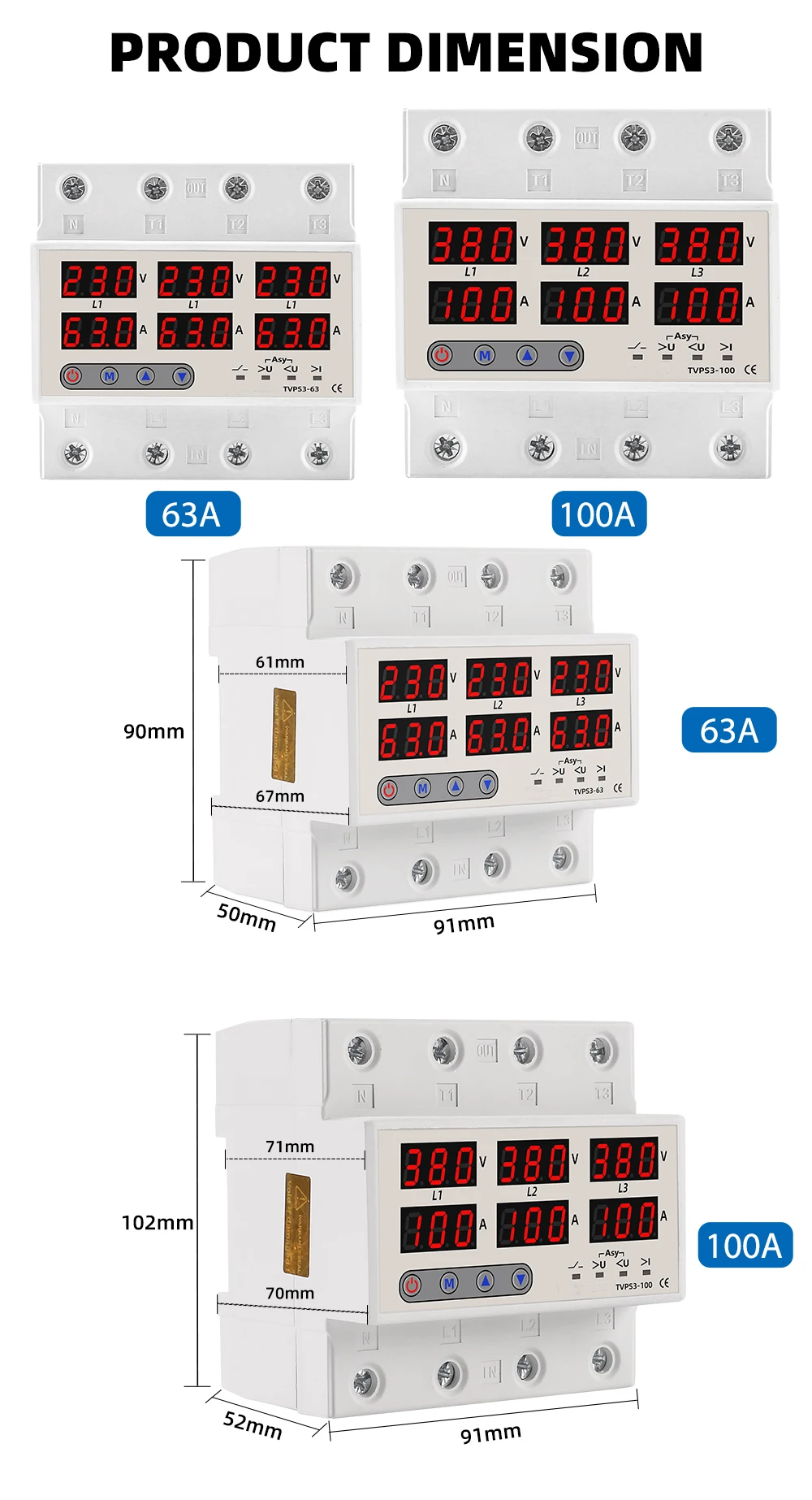 3 Three Phase Voltage Current Relay Protector 100A 63A 60A 220V 3P Over Under Voltage Relay Current Limiter Adjustable Protect images - 6