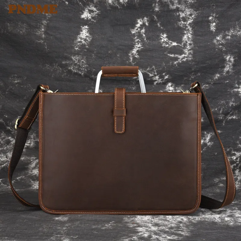 PNDME simple crazy horse cowhide men's briefcase casual vintage genuine leather light lawyer hand laptop shoulder messenger bags