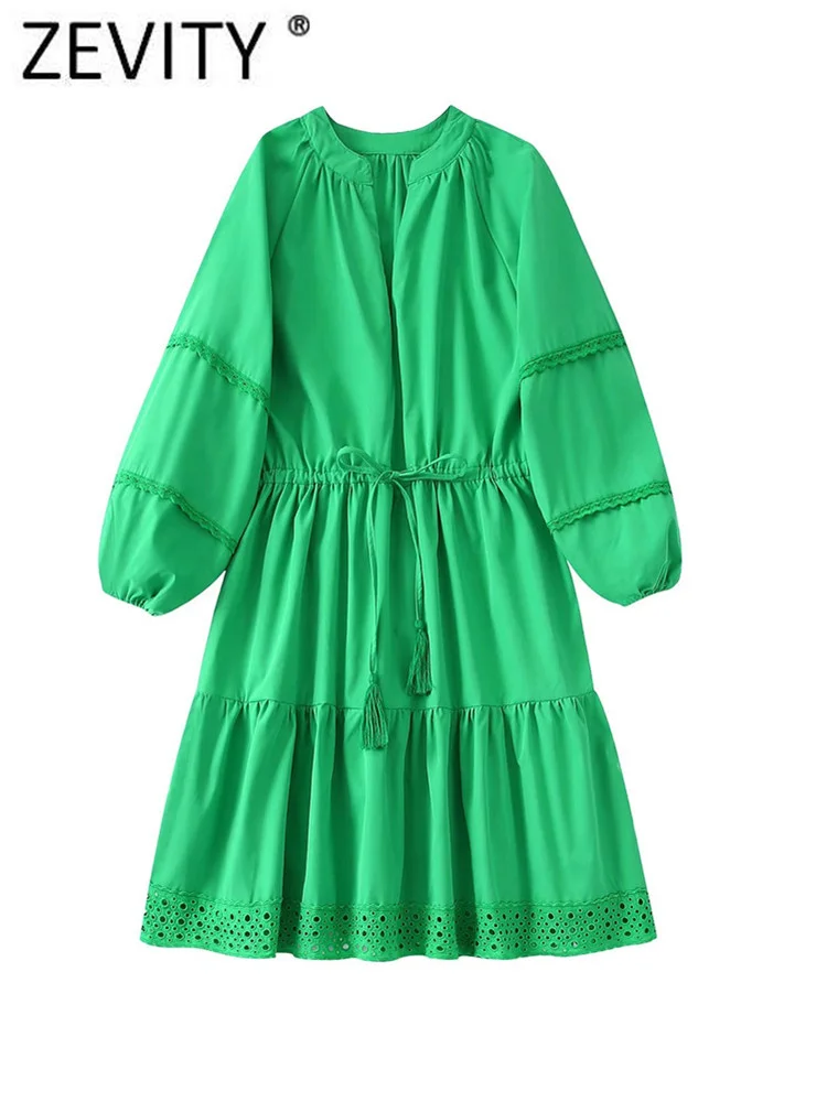 

Zevity Women Fashion V Neck Lace Patchwork Hem Hollow Out Embroidery Green Dress Female Chic Tassel Lace Up Slim Vestidos DS1508
