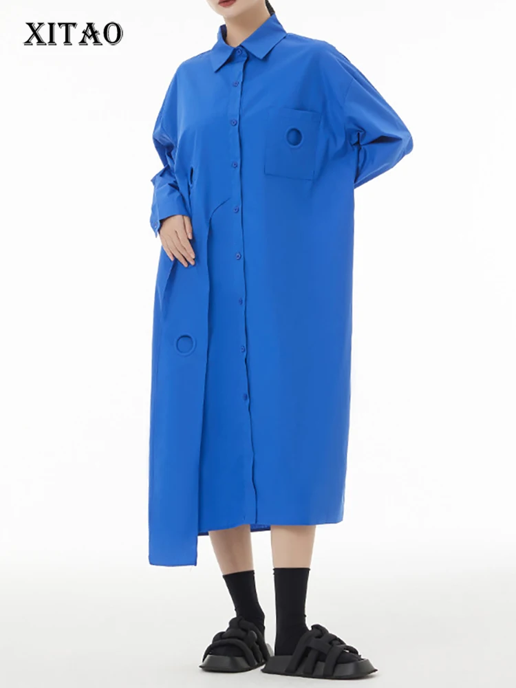 

Женское платье-рубашка XITAO, однотонное однобортное платье с длинным рукавом, SMH1504