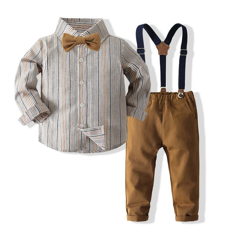 

Fashion New Kids Boys Gentleman Clothes Set Long Sleeve Bow Tie Striped Shirt +Suspender Pants Casual Outfit Boy Suit