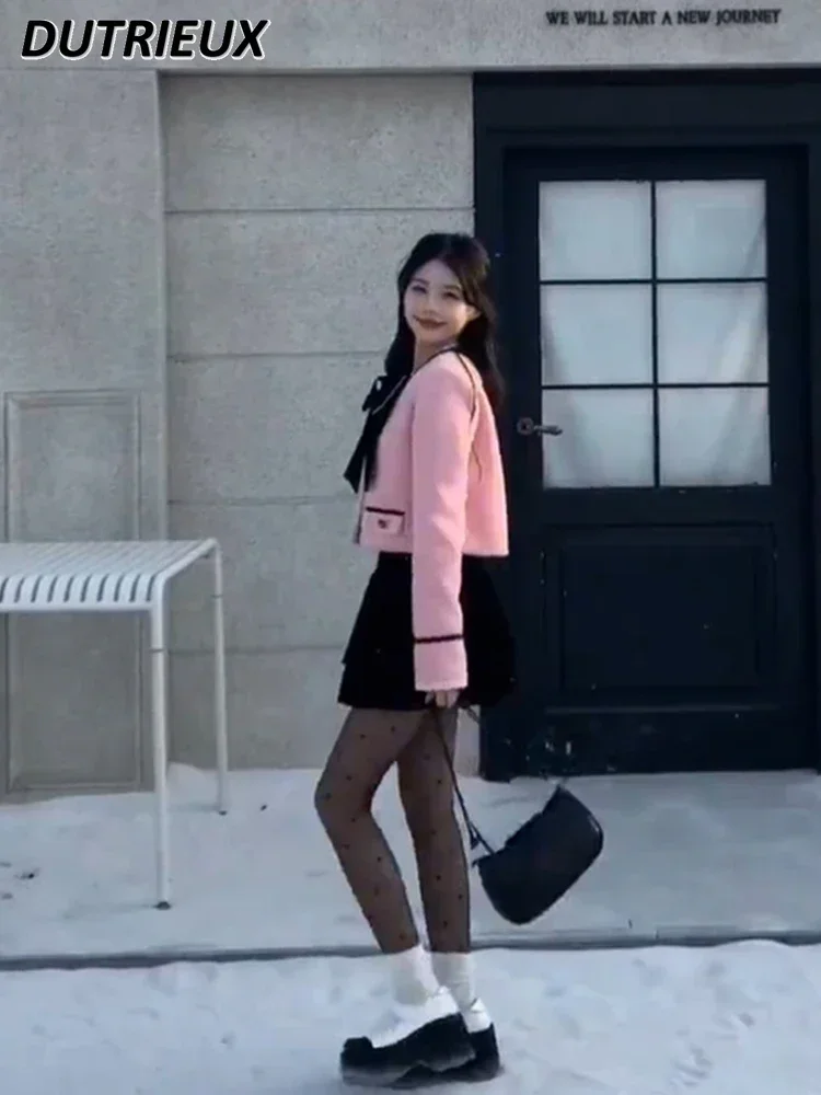 Оверсайз милое розовое шерстяное пальто во французском стиле с длинными