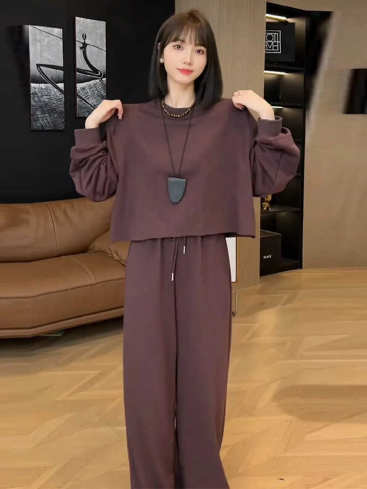 Autumn Set Women 2024 New Popular Korean Fashion Solid round Neck Long sleeve Hoodie High Waist Wide Leg Casual Pants