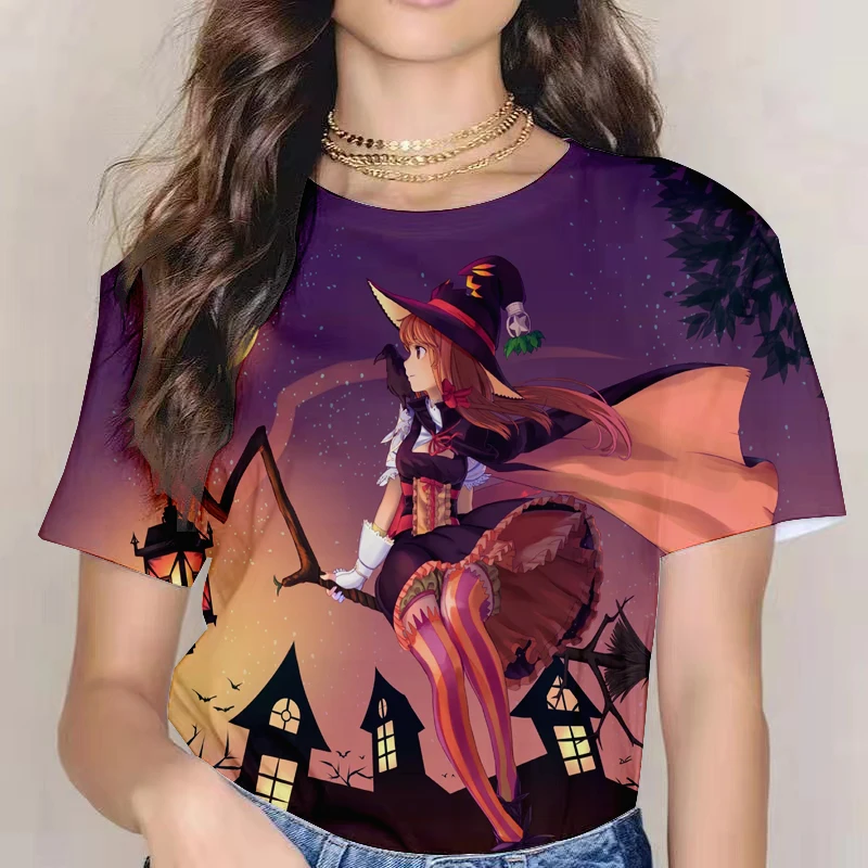 

Ladies 3d Printing Halloween Cartoon Little Witch Comfortable Short-sleeved Top Polyester Funny Youth Clothing Fashion