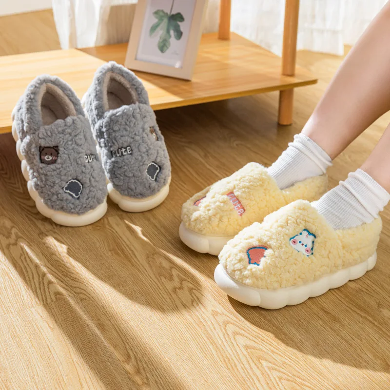 

Autumn and winter wear home indoor wool slippers couple warm non-slip cartoon label bag with thick cotton slippers