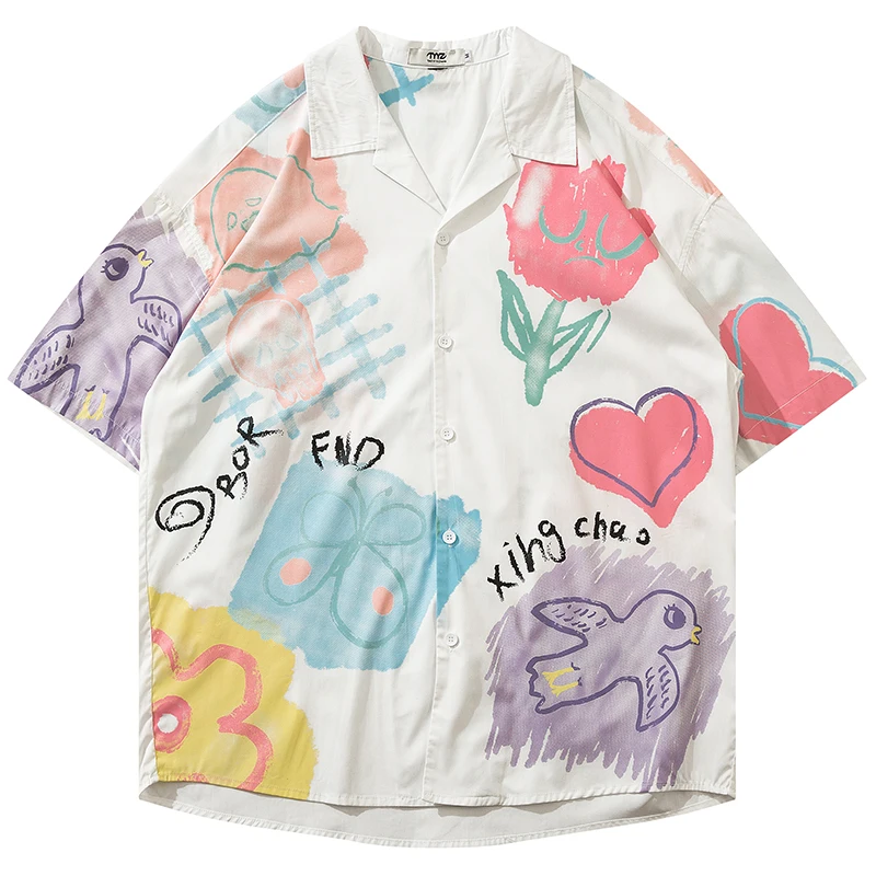 

Summer Men Short Sleeve Hawaiian Shirts Hip Hop Funny Graffiti Print Beach Shirt Streetwear Harajuku Casual Cotton Shirts Blouse