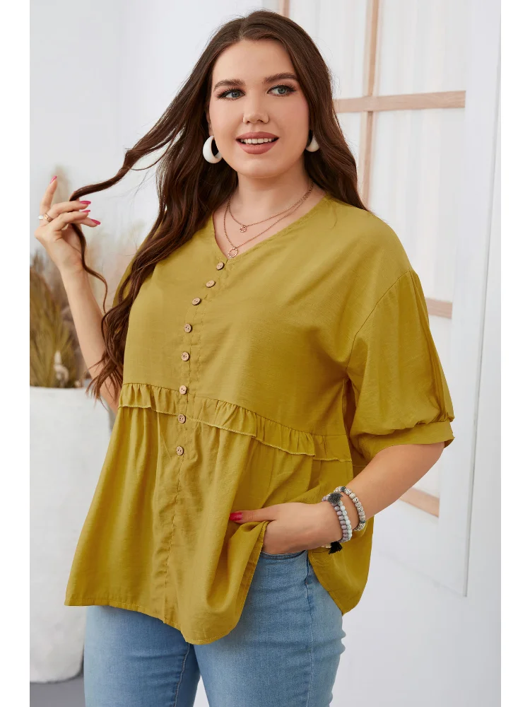 Large Women's Summer Short Sleeve V-Neck Large Shirt Top blusas plus size mujer  roupa plus size feminino