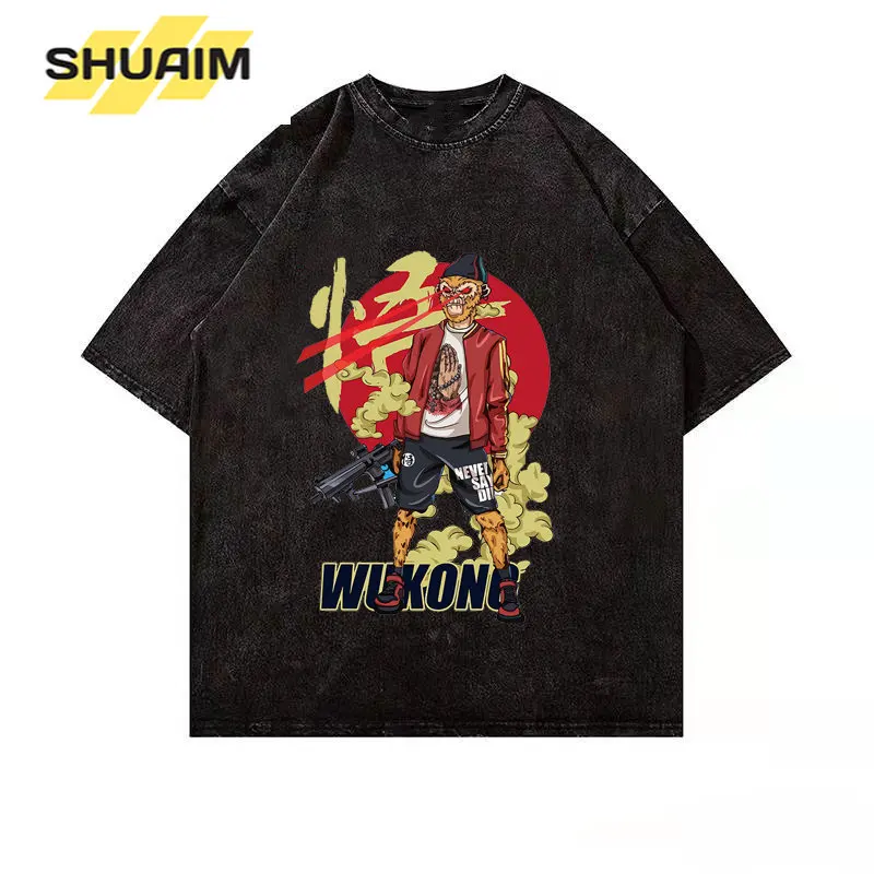 

Washed T-Shirt Men Hip Hop Streetwear Anime Wukong Printed T Shirt Harajuku Cotton Loose Tees Men 2022 Summer Short Sleeve Tops