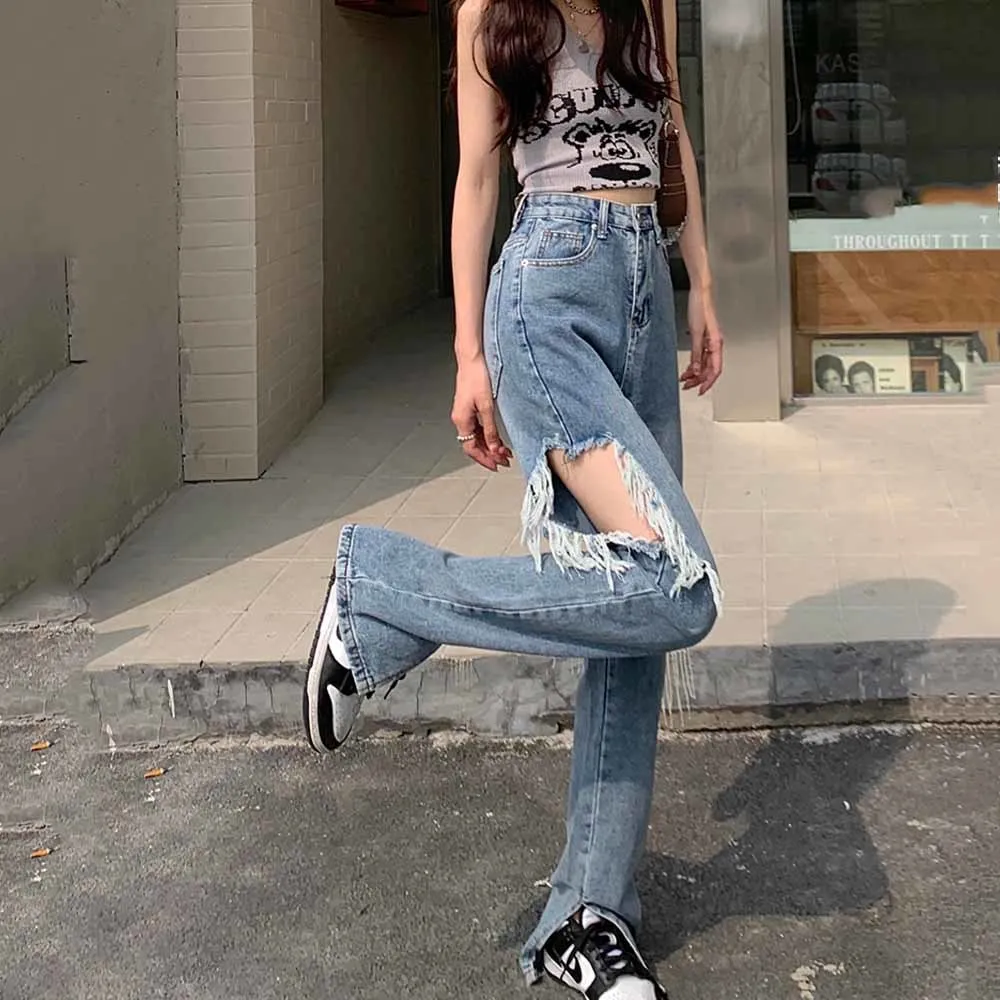 

Женские джинсы с дырками, винтажная уличная одежда с высокой талией, стильные брюки в Корейском стиле хип-хоп с широкими штанинами, женские повседневные подростковые универсальные трендовые