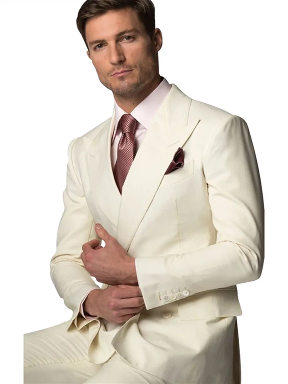 Мужской Двубортный Пиджак И Брюки Цвета Слоновой Кости Деловой Повседневный