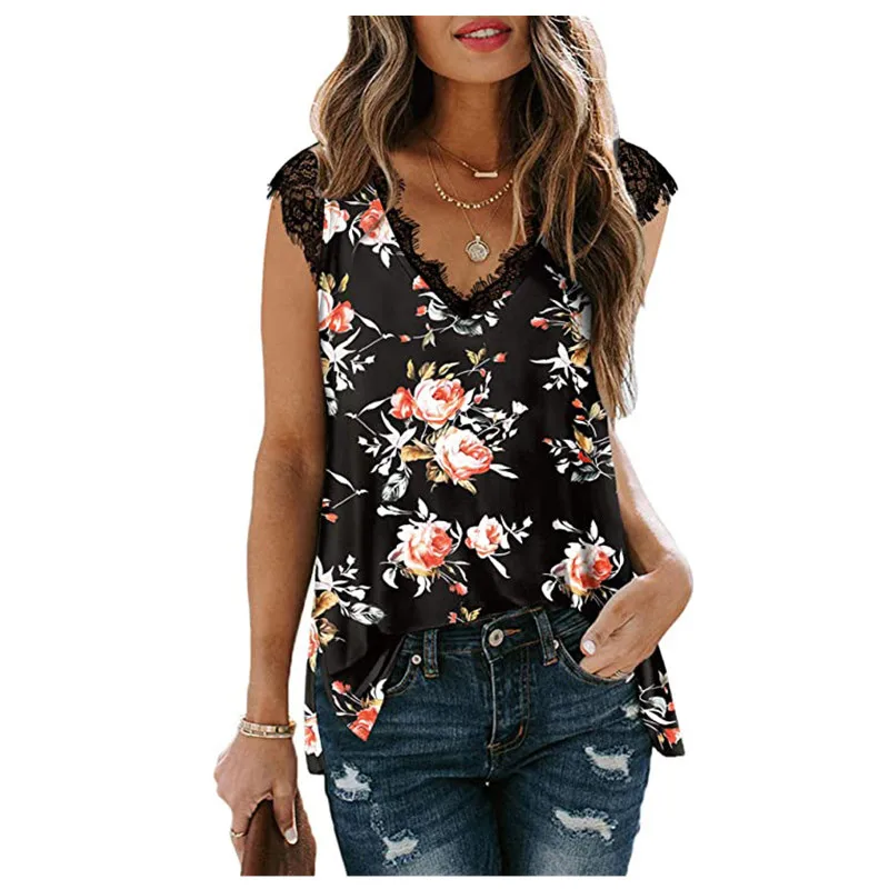 

Vintage Women Summer Flowers Print Blouse Casual V-Neck Shirt Sleeveless Loose Blouses Lady Lace Patchwork Shirts Pullover Top