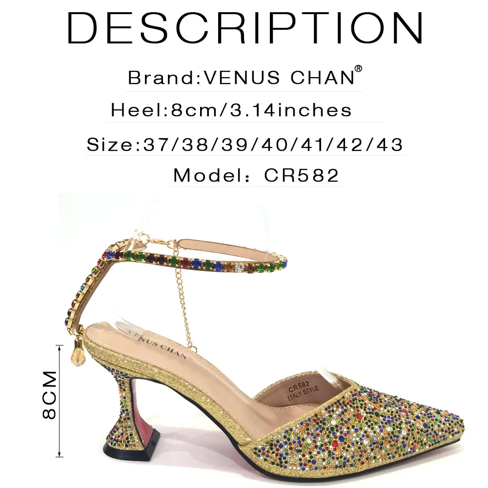 Venus Chan Elegant Party Sandals Colorful Full Diamond Design Pointed Toe High Heels for Women 2023 Bag and Shoes Matching Set