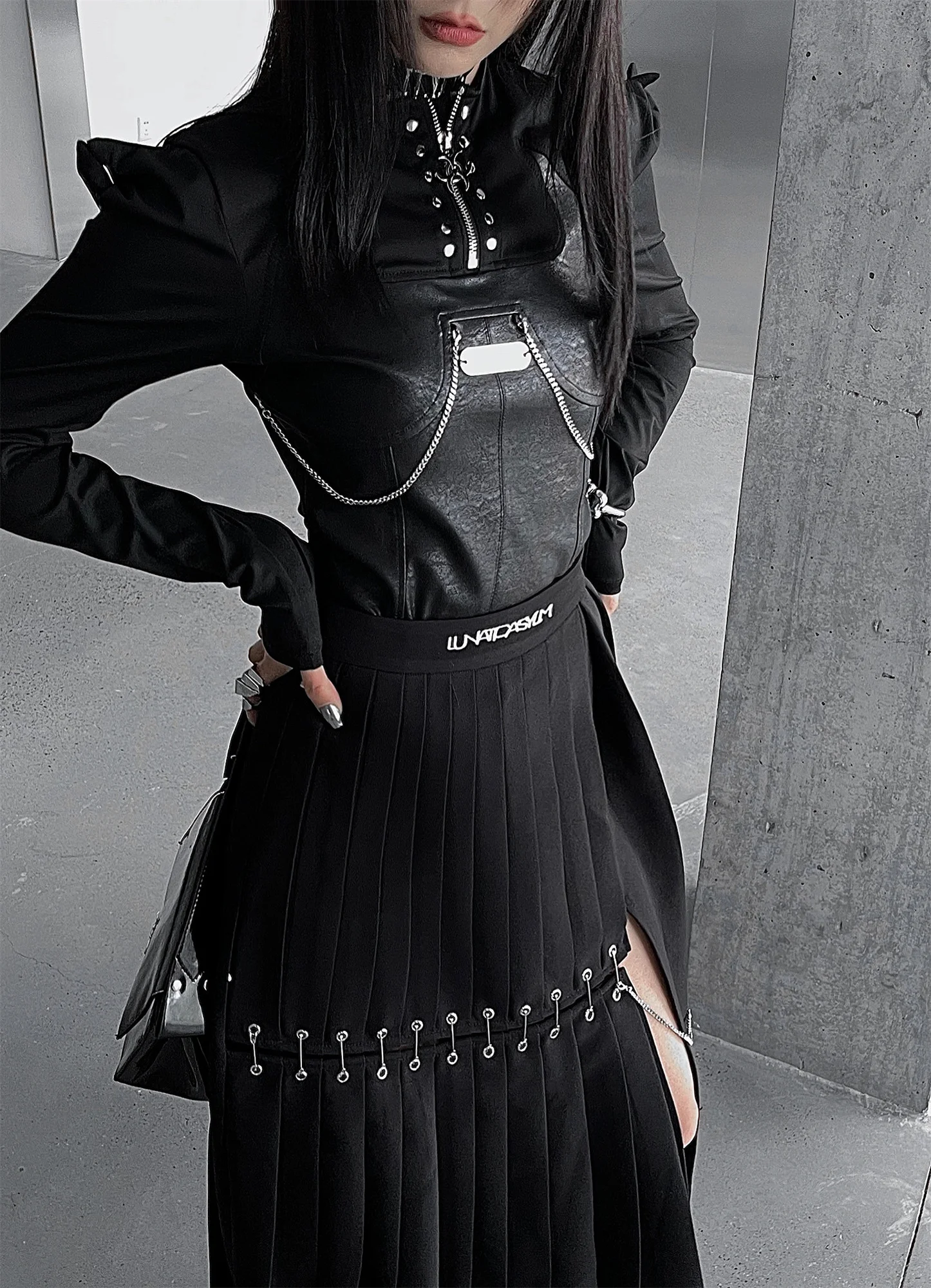 

LUNATICASYLM Gothic Punk Traf Harajuku Chic Girl Niche Design Street Style PU Leather Patchwork Tops For Women