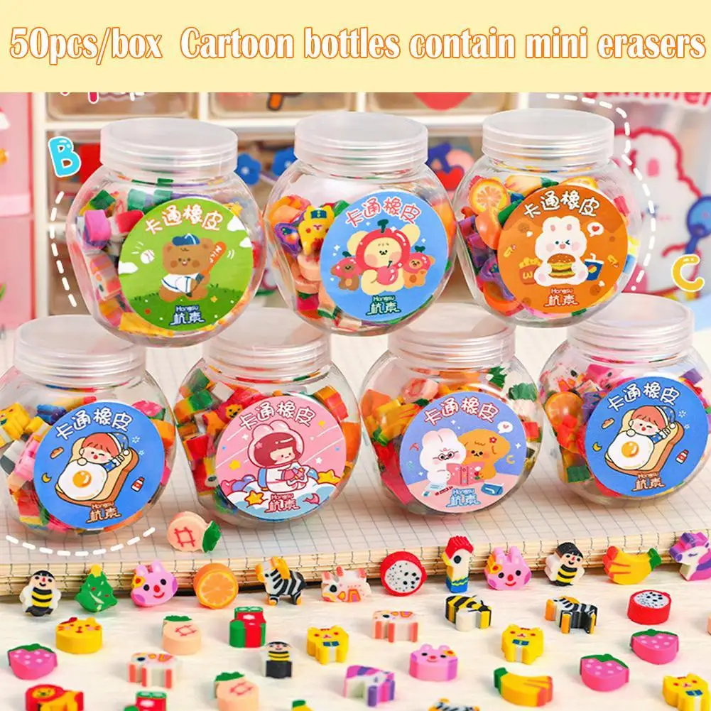 

50 Pcs/box Cute Animal Fruits Pencil Eraser Rubber Eraser Primary Student Prizes Gift Stationery Erasers for Kids