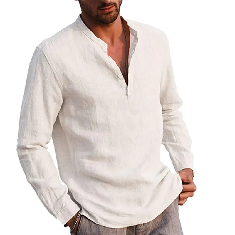 2022 Fashion Heren Katoen Linnen Shirts Effen Kleur Stand Kraag Lange Mouw Herfst Lente Mannelijke Mannen 'S Casual Blouse
