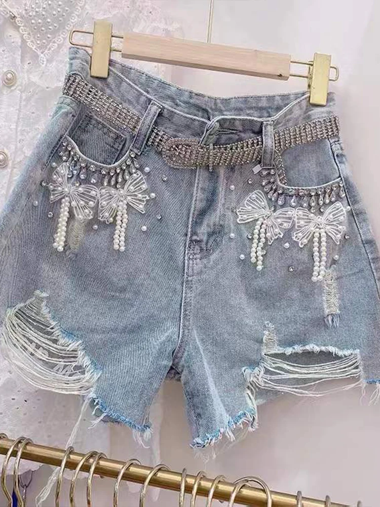 Fashion Waist Beads Denim Shorts 2022 Summer New Beaded Loose Thin High Waist Ripped Net Red jeans Hot Pants Women'S Clothing