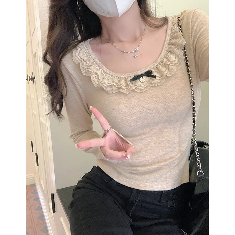 Женская Кружевная футболка с длинным рукавом круглым вырезом и бантом
