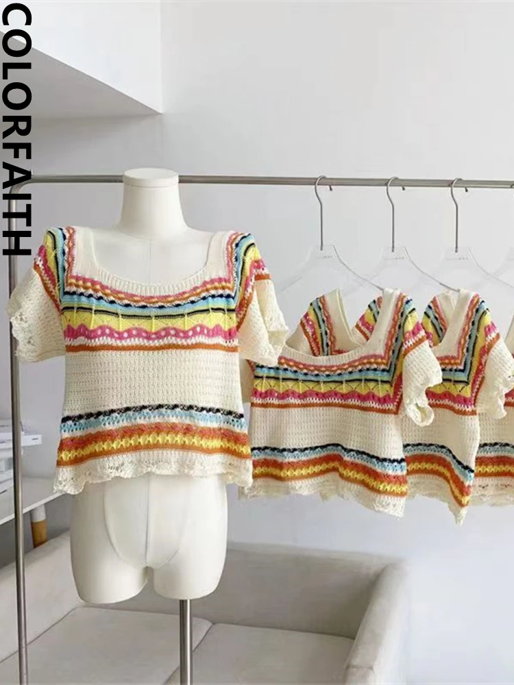 

Colorfaith T5292DG New 2023 Chic Striped Bottoming Korean Fashion Elegant Lady Cutout Women T-Shirts Spring Summer Short Tops