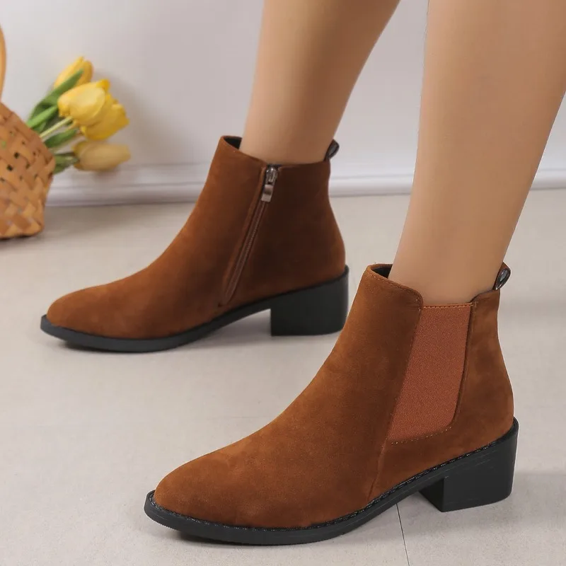 

Women's Shoes 2023 Hot Sale Ankle Women's Boots Classics Modern Boots Women Side Zip Pointed Toe Chunky Heel Flock Shoes Ladies