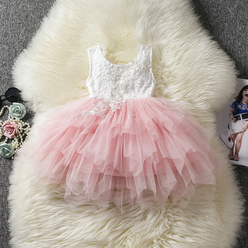 

Summer Beading Girl Dress 2021 White Backless Girls Teenage Princess Dress Irregular Tutu 2-6 Years Pink Children Dresses Pink
