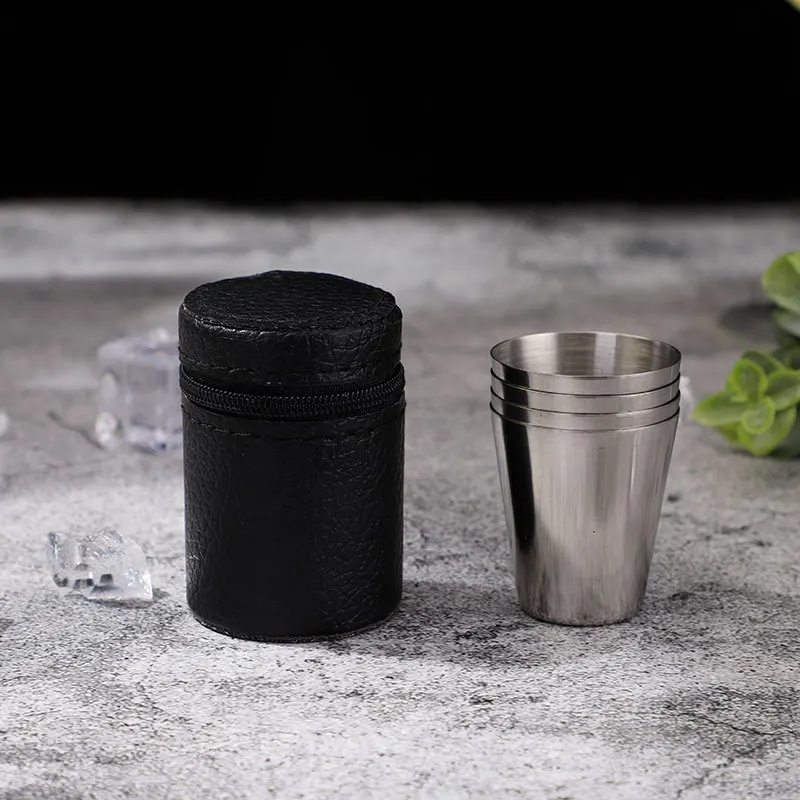

4PCS Set 30ml 70ml Outdoor Camping Stainless Steel Cups Set Mini mug For Whisky Wine Beer Cup With Leather Cover Bag Drink cups