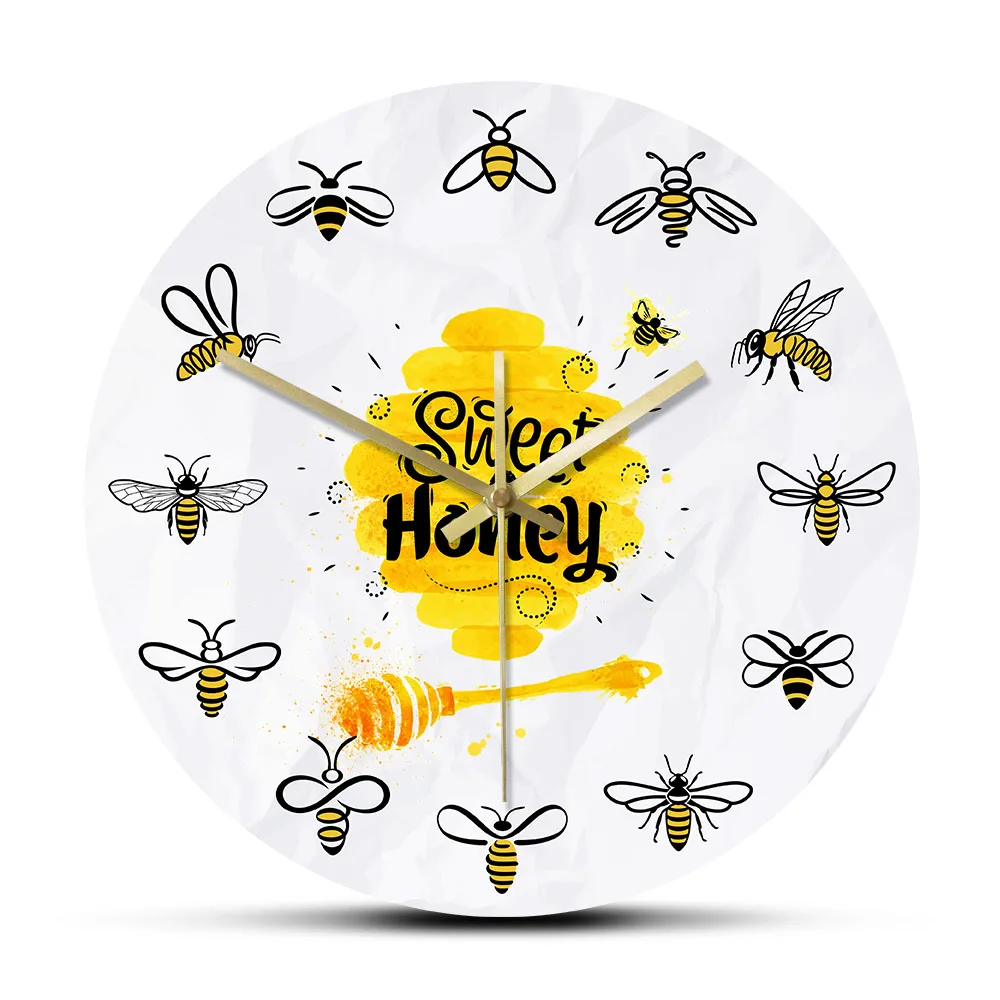 

Cartoon Honey Bee Wall Clock For Local Bee Farm Sweet Honey Vintage Bee Sign Farmhouse Organic Honey Honeycomb Decorative Clock