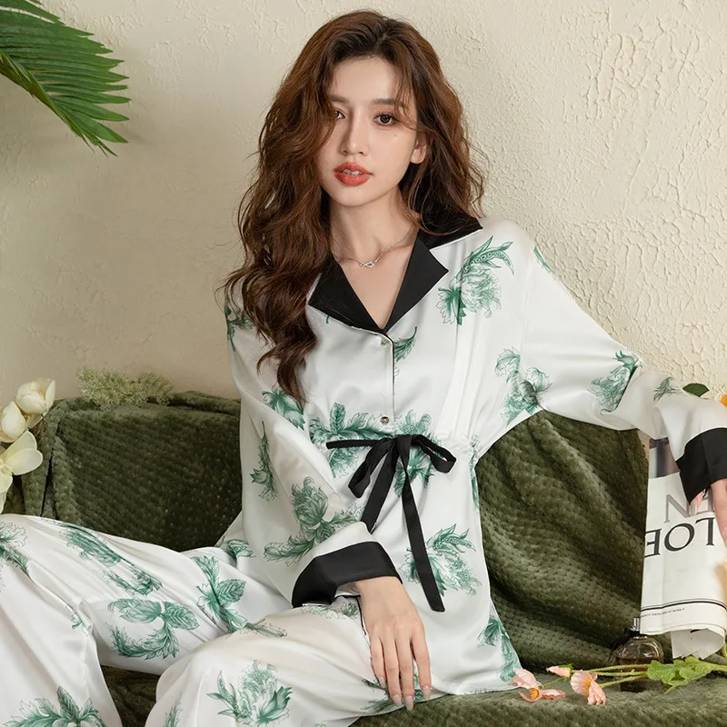 FALLINLAOE 2023 Spring Autumn Ice Silk Pajamas Women's Long Sleeved Cardigan Tie Up Pajamas Set Premium Sense Sleepwear