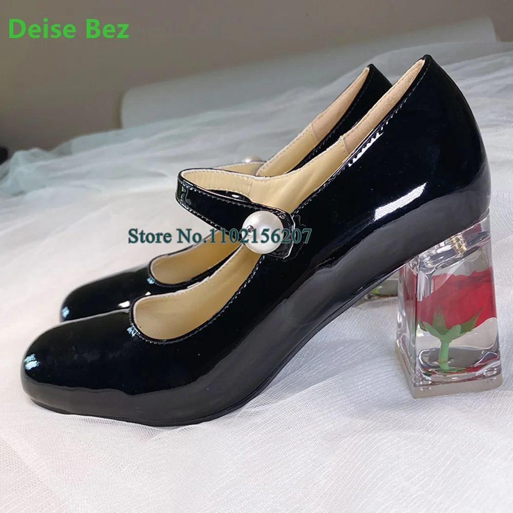 Transparent Red Rose Flower Square Heel Pumps For Female Women Round Toe Patent Leather Ankle Strap Elegant Solid Shallow Shoes