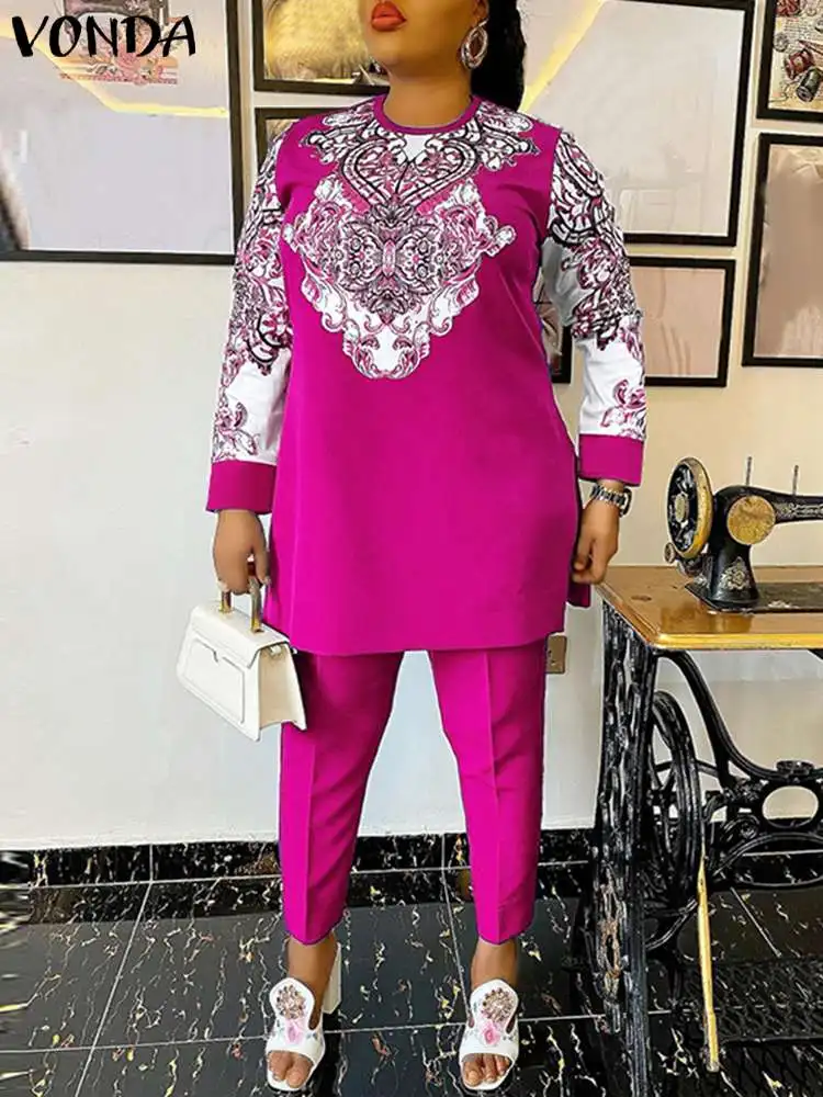 

Women Suit 2022 VONDA Y2K Casual Blusas Long Pant Oversized Wide Leg Pant Sets Femme Tops Long Sleeve Street Printed Sets