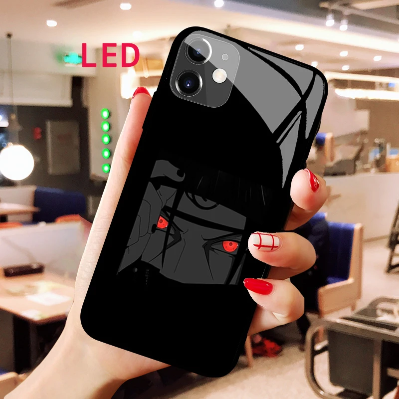 

NARUTO Luminous Tempered Glass phone case For Apple iphone 12 11 Pro Max XS mini Acoustic Control Protect LED Backlight cover