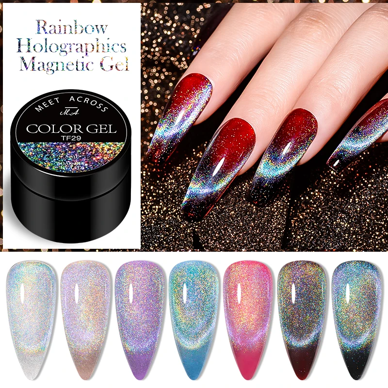 

MEET ACROSS 5ml Rainbow Cat Eye Gel Polish Nails Colorful Holographic Magnetic Gel Soak Off varnishes Sparkling Uv Gel Nail Art