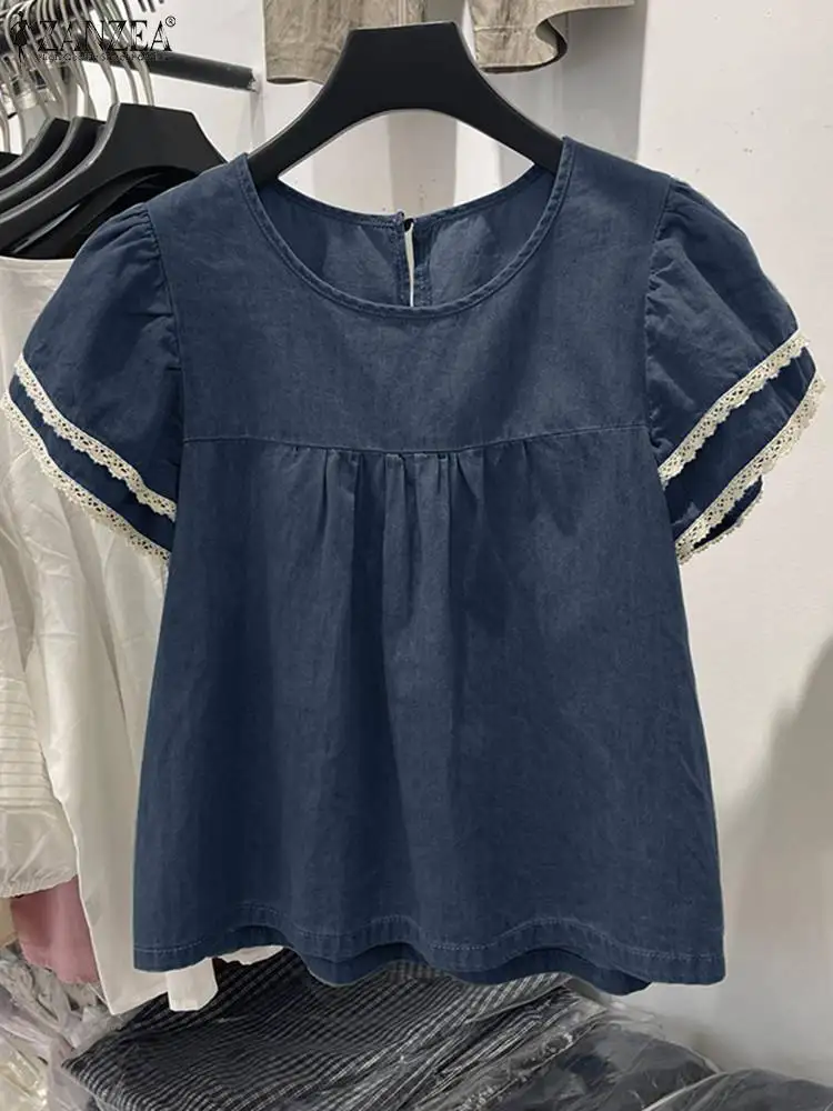 Летняя Блузка ZANZEA 2024 женская джинсовая голубая рубашка с коротким рукавом