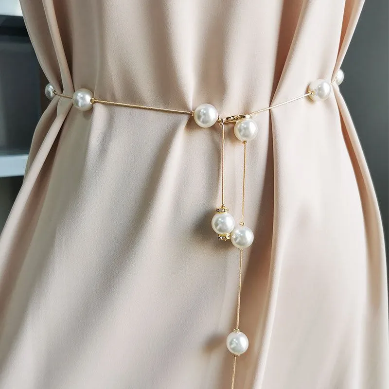 

Elegant Pearl Chain Belt For Women Adjustable Long Pearls Belts Fashion Skinny Thin Ladies Dress Strap Female Waistband Designer