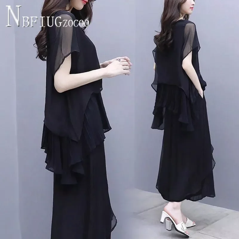 

2020 Summer Plus Size Chiffon Women Sets Blouse And Wide Leg Pants Female Sets