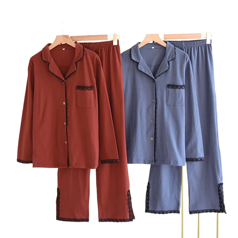 

Пижама женская из чистого хлопка, тонкая трикотажная одежда с длинным рукавом, однотонная кружевная Пижама для дома, на весну-лето