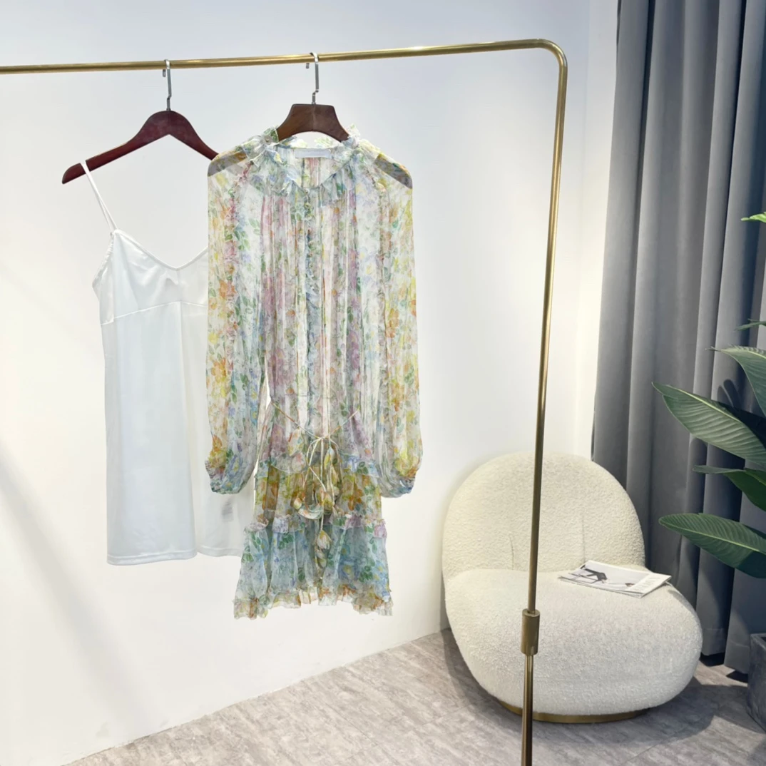 

Женское мини-платье с оборками на подоле, желтое или зеленое свободное шелковое платье с цветочным принтом и тонким поясом, лето 2022