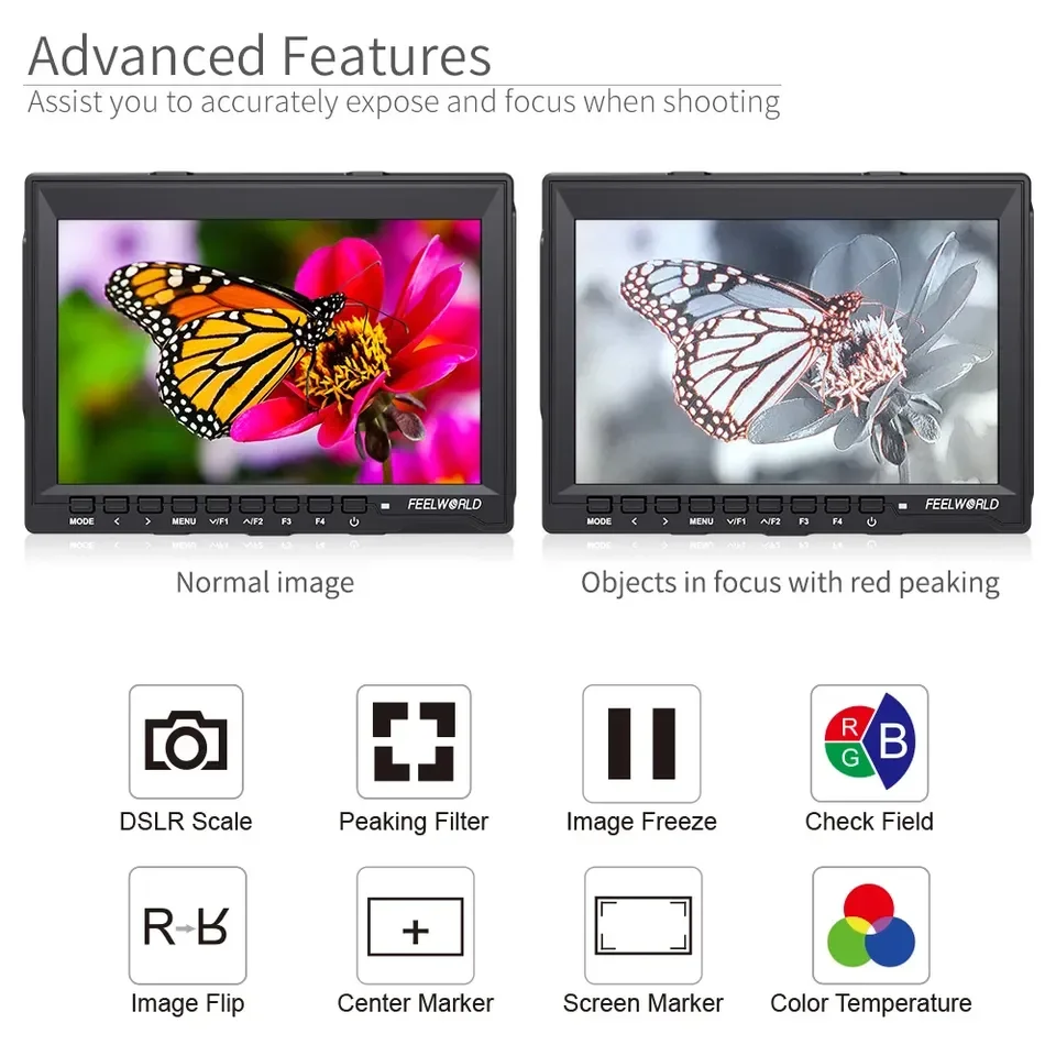 Фото Видеомонитор Feelworld FW759 IPS 1280x800 для DSLR-камер с функцией Peaking Focus, 7-дюймовый HD LCD-монитор для BMPCC, Canon, Sony №3
