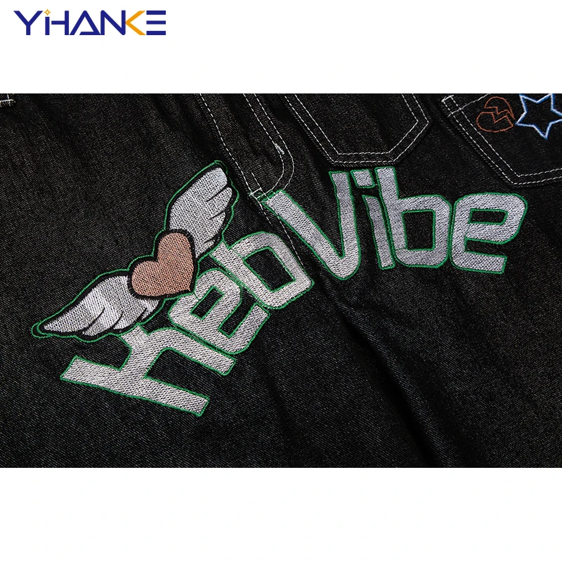 YHK Retro Pockets Letter Embroidery Vibe Style Casual Mens Denim Trousers Streetwear Straight Washed Loose Jeans Pants Oversized