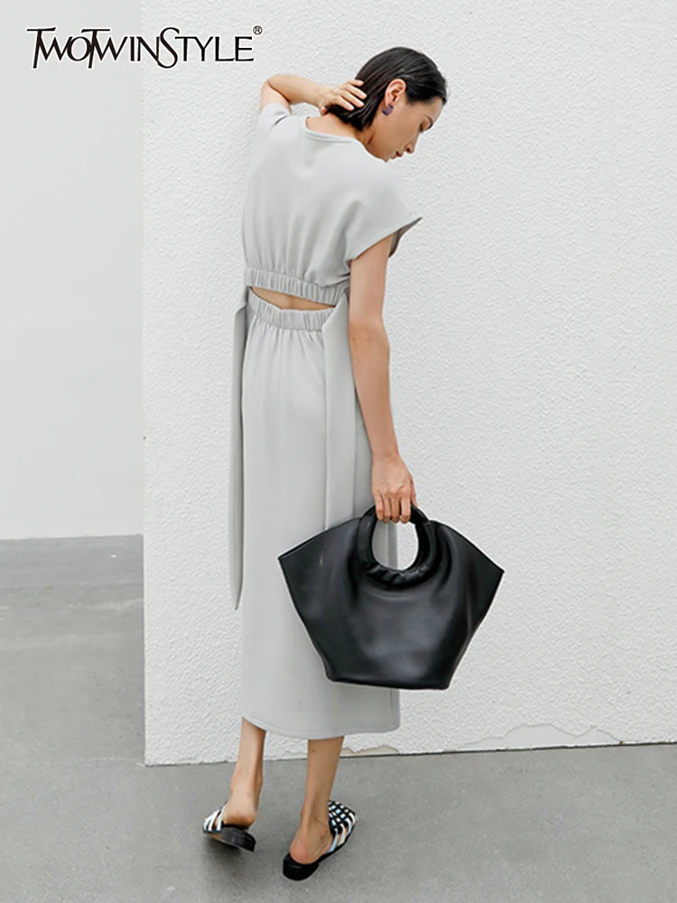 

TWOTWINSTYLE Casual Solid Long Dress For Women Round Neck Short Sleeve Cut Out Lace Up Midi Dresses Female Summer Clothing Style