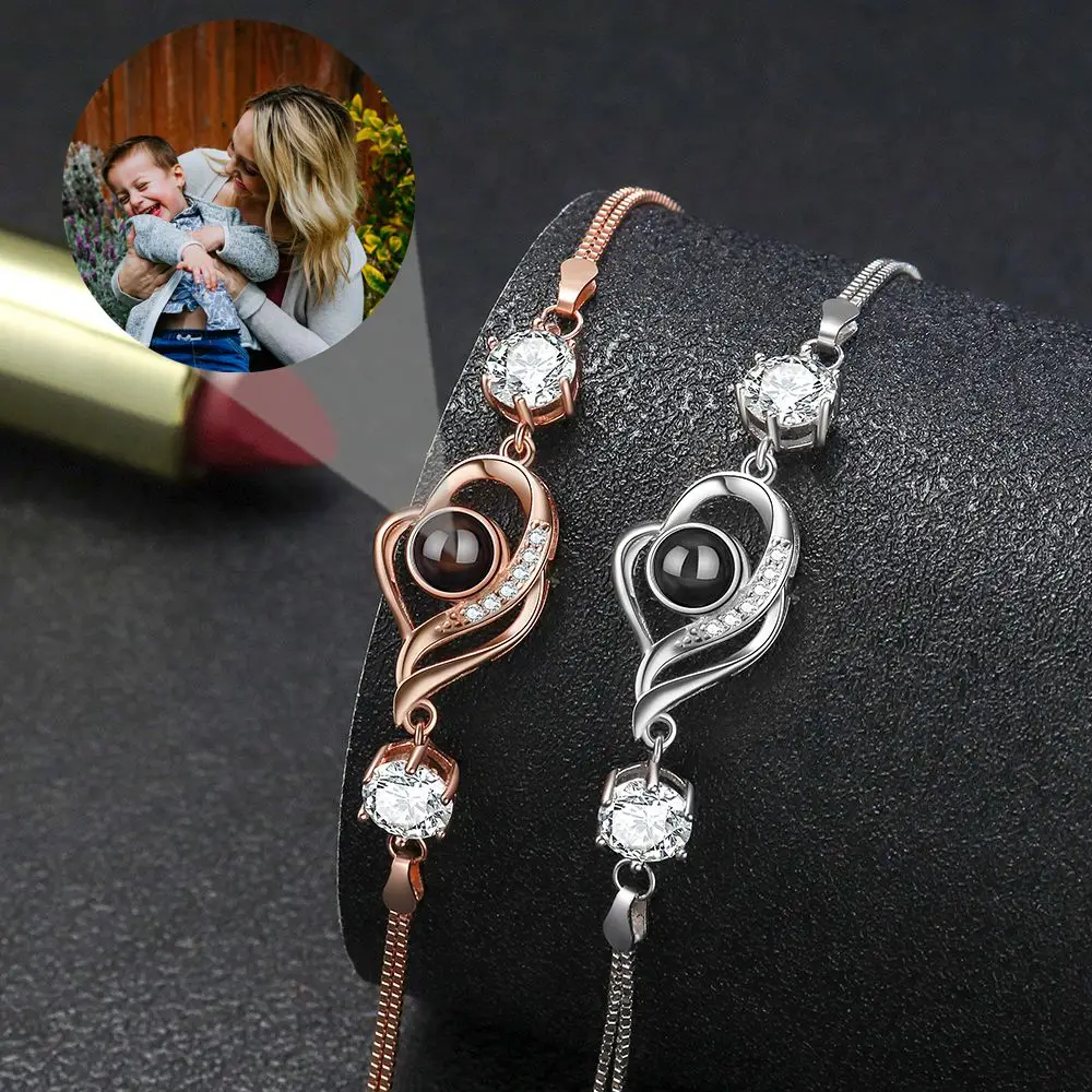 925 Sterling Silver Personalized Custom Photo Bracelets Projection Photo Bracelet for Woman Mom Wife Heart pendant Jewelry