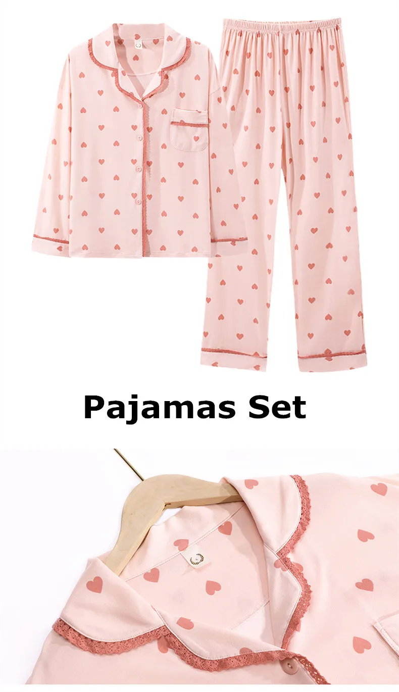 Yasuk Spring Autuum Fashion Women's Casual Print Pocket Sleepwear Homewear Cute Lovely Pajamas With Pants Soft Lace Heart