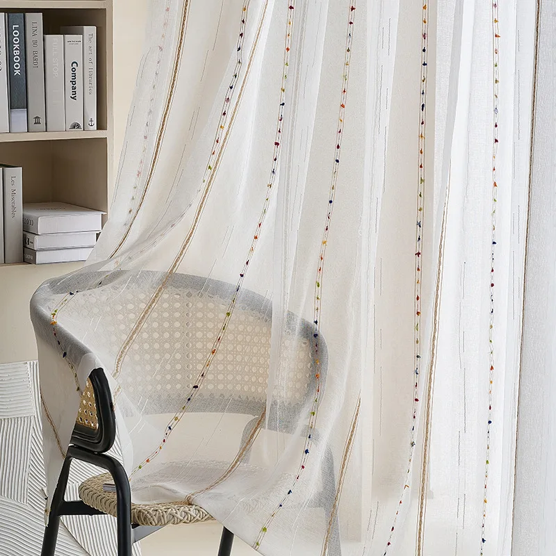 Прозрачные марлевые шторы с радужными бобами